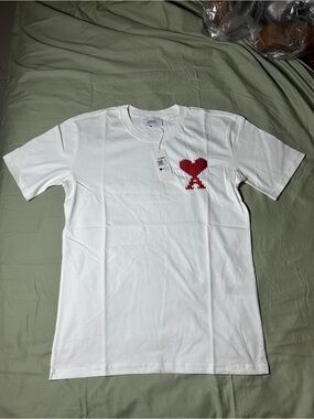 Ami White Tee with Red Heart 'A' Logo